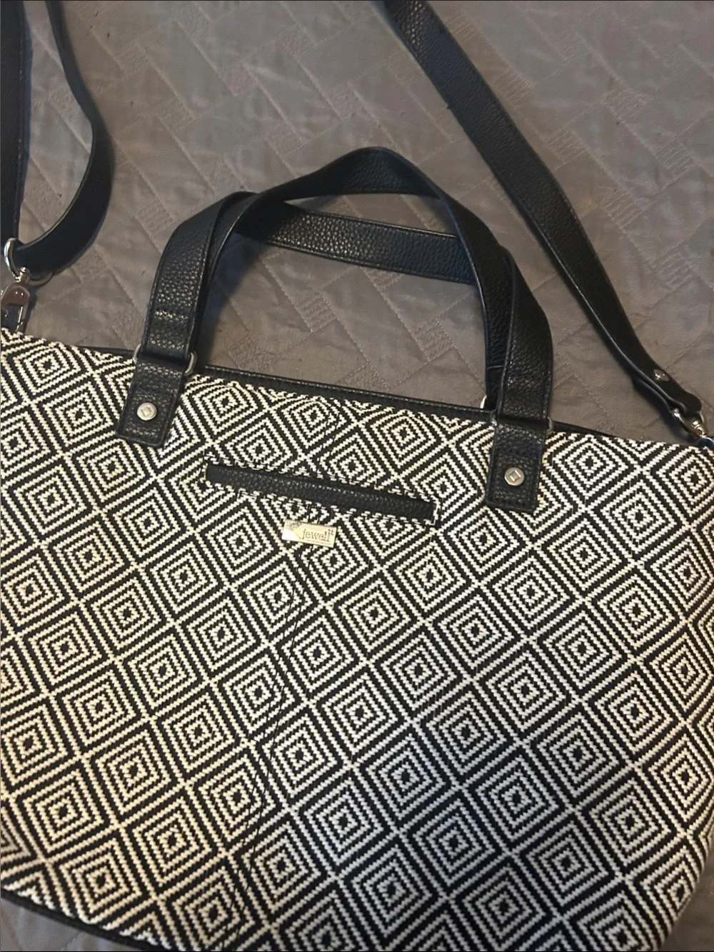 Jewel Black & White Geometric Tote Bag with crossbody Strap